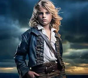 Portrait de style cinéma d'un jeune mousse corsaire en costume de flibustier, cheveux au vent sous un ciel d'orage.Une image héroïque et aventureuse