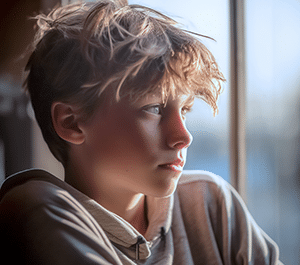 Portrait de profil d'un jeune adolescent au regard vague et pensif. Une photographie à l'éclairage doux, centrée sur l'expression et l'introspection.