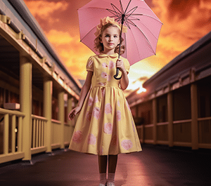 Petite fille déguisée en Mary Poppins avec un parapluie et une robe jaune prenant une pose expressive.