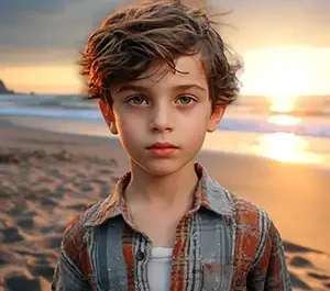 Un jeune garçon contemple l'horizon sur une plage déserte, sa silhouette se détachant sur un ciel de soleil couchant aux teintes orangées et dorées.