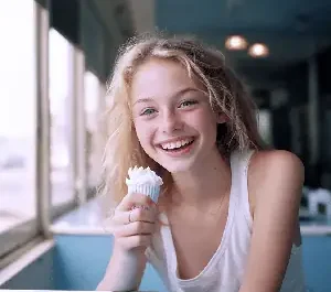 Portrait d'une jeune fille radieuse dégustant un cornet de glace sous le soleil, exprimant bonheur et gourmandise.