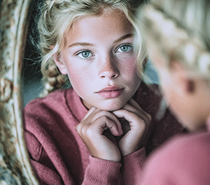 Une jeune fille ado observe son reflet dans un miroir avec une expression pensive, symbolisant la quête d'identité et l'importance de l'image de soi.
