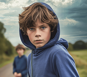 Jeune garçon en sweat à capuche bleu avec un air surpris, marchant sur un chemin de campagne sous un ciel d'orage menaçant.