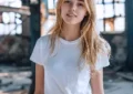 Portrait d'une jeune fille en T-shirt blanc avec un sourire timide, posant devant une structure industrielle, style décontracté et naturel.