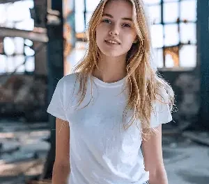 Portrait d'une jeune fille en T-shirt blanc avec un sourire timide, posant devant une structure industrielle, style décontracté et naturel.