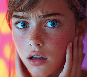 Portrait d’une jeune fille surprise, regard intense et mains sur le visage, éclairage studio aux couleurs vives rose et orange.
