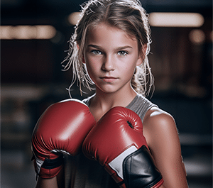 Jeune boxeuse au caractère affirmé, gants rouges, regard intense, prête au combat sur le ring.