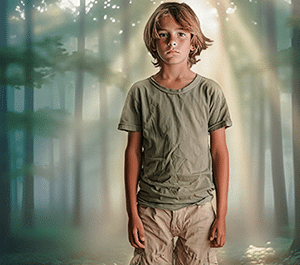 Jeune enfant aux cheveux clairs et au regard sérieux, debout au milieu d’une forêt envoûtante où la lumière du soleil perce la brume entre les arbres.