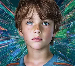 Jeune enfant aux yeux verts, le regard fixe devant un fond numérique coloré. Expression calme évoquant la maturité précoce et la connexion au monde futuriste.