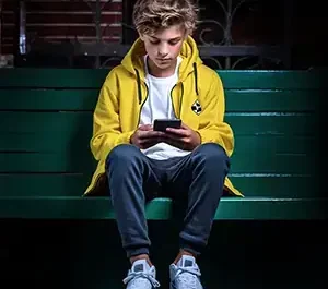 Jeune garçon au smartphone, les cheveux bouclés, vêtu d’une veste jaune et d’un jean gris, assis sur un banc vert. Il regarde son smartphone.