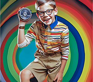 un jeune garçon souriant devant une sphère de couleurs