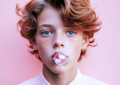 Portrait d'un jeune adolescent aux cheveux blonds bouclés et aux taches de rousseur, soufflant une bulle de chewing-gum rose, vêtu d’un chemisier rose.
