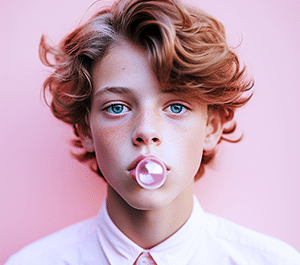 Portrait d'un jeune adolescent aux cheveux blonds bouclés et aux taches de rousseur, soufflant une bulle de chewing-gum rose, vêtu d’un chemisier rose.