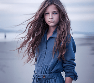 Jeune adolescente sur une plage, cheveux longs flottant au vent, regard calme face à la mer dans une ambiance naturelle et épurée.