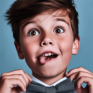 Jeune bambin aux cheveux en bataille, bruns, vêtu d’une chemise bleu clair et d’un nœud papillon gris, faisant une grimace amusante avec la langue sortie.