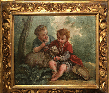 Scène d'enfants et d'agneaux 18e siècle Huile sur toile d'un maître français du rococo