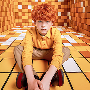 garçon roux assis dans un décor flashy