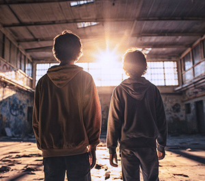 Deux adolescents en sweats à capuche explorant un entrepôt abandonné illuminé par le soleil couchant, photo urbex