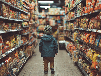 un enfant perdu dans un supermarché
