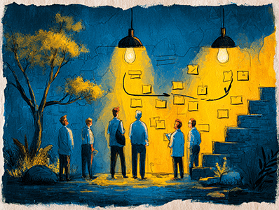 personnages devant un workflow