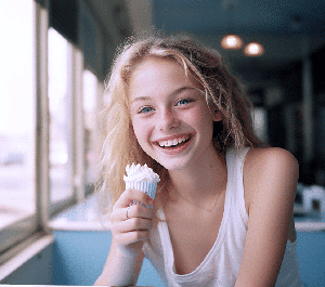Portrait d'une jeune fille radieuse dégustant un cornet de glace sous le soleil, exprimant bonheur et gourmandise.
